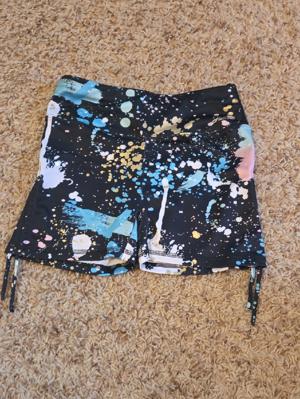 Justice Black Athletic Shorts with Blue, Pink & Gold Splatter